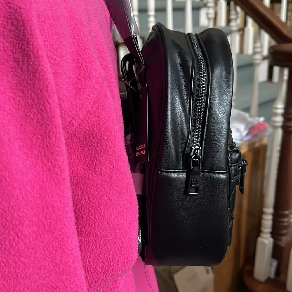 Badgley Mischka   Mini Backpack  Black Vegan Leather  Quilted Puffer front pocke